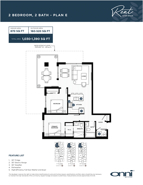 A floor plan for a 2 bedroom, 2 bathroom apartment with a total area of 1,030-1,390 square feet.