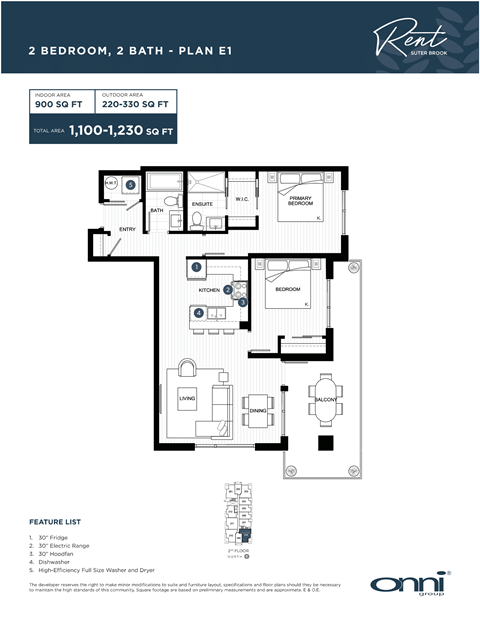 A floor plan for a 2 bedroom, 2 bathroom apartment with a feature list.