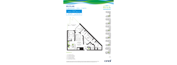 A floor plan for the E9 Plan, a 2 bedroom plus 2 bath residence, is displayed.