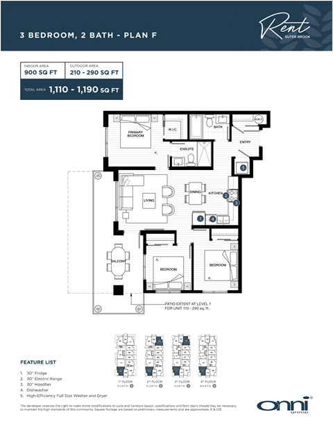 A floor plan for a 3 bedroom, 2 bathroom apartment with a feature list.