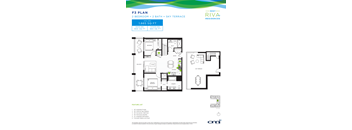A floor plan for an apartment rental by Riva Residences showing a 2 bedroom, 2 bathroom layout with a balcony.