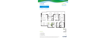 A floor plan for a 3 bedroom, 2 bathroom apartment of 1,240 square feet.