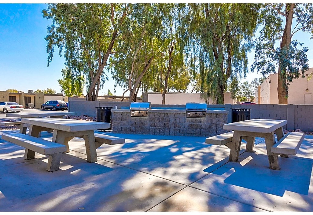 a group of picnic tables in a park
