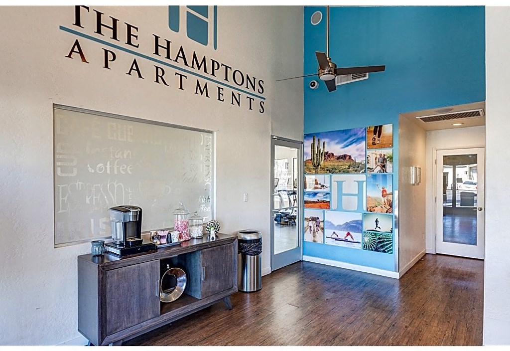 the hamptons apartments  lobby with coffee bar and entrance to office