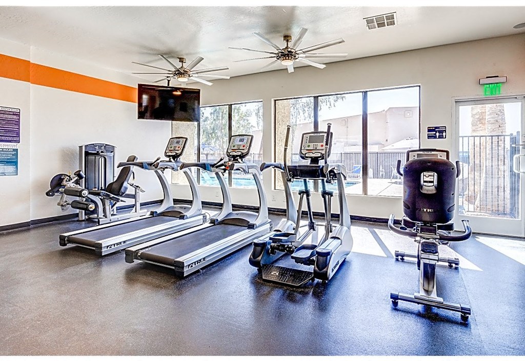 the gym is equipped with cardio equipment and a large window