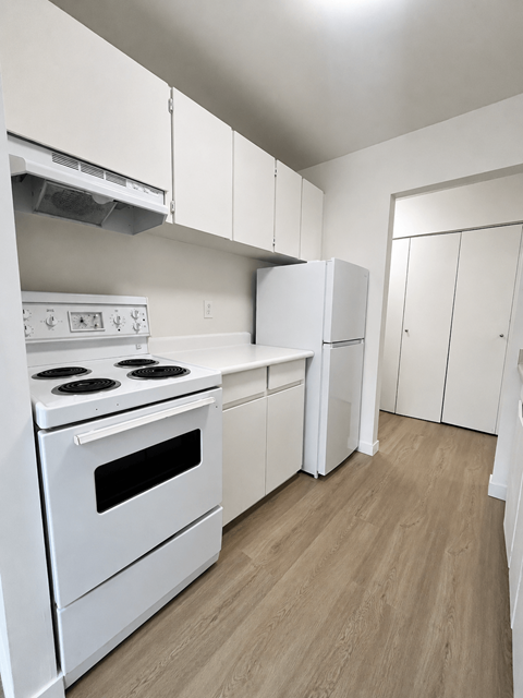 A white kitchen with a stove and cabinets.