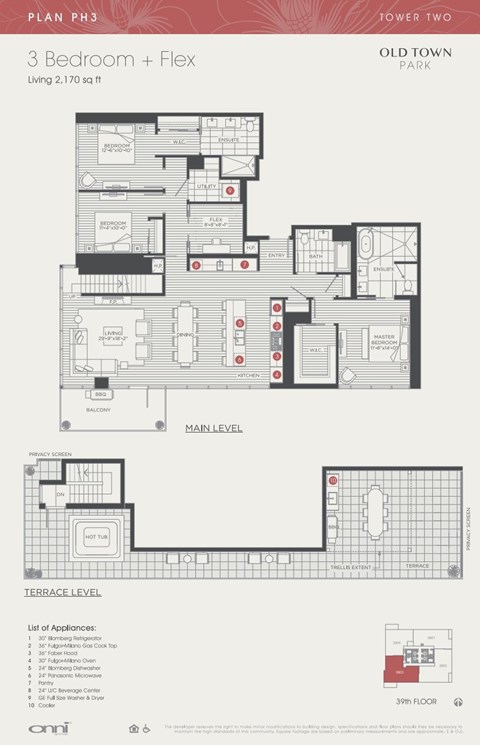 A floor plan for a 3 Bedroom + Flex living space of 2,170 sq ft.