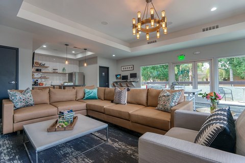 A living room with a brown couch and a coffee table.