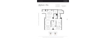 A floor plan for a 2 bedroom plus flex apartment by Hudson.