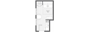 A floor plan of a small apartment with a kitchen, sofa, and bed.