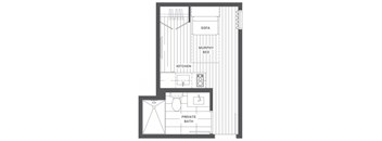 A floor plan of a small apartment with a kitchen, bathroom, and two beds.