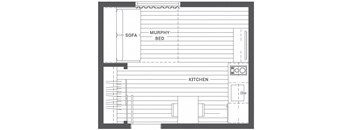 A floor plan shows a sofa, a murphy bed, and a kitchen.