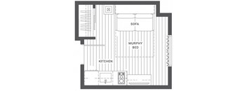 A floor plan of a small apartment with a kitchen, a sofa, and a bed.