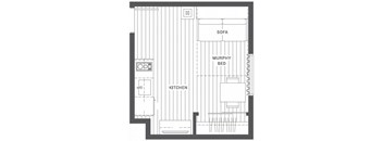 A floor plan shows a kitchen, a sofa, and a murphy bed in a small space.