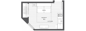 A floor plan of a small apartment with a sofa, bed, and kitchen.