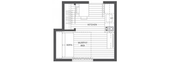 A floor plan shows a kitchen, a sofa, and a Murphy bed.
