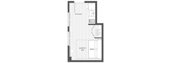 A floor plan of a small apartment with a kitchen, a murphy bed, and a sofa.