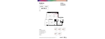 A floor plan for a one bedroom apartment at the Onni Pulton Market.
