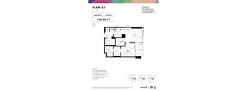 A floor plan for a 728 square foot home with a living room, two bedrooms, a kitchen, and a bathroom.