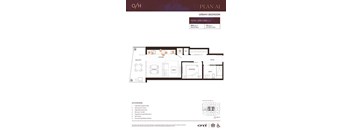 A floor plan of an urban 1 bedroom apartment with a list of amenities.