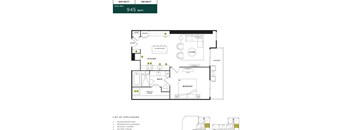 A floor plan of a house with a total area of 945 sq ft, including a kitchen, living room, and bedroom.