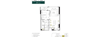 A floor plan of a house with a living room, two bedrooms, a bathroom, a kitchen, and a balcony.
