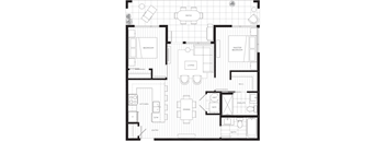 a floor plan of a modern apartment with a bedroom and a living room