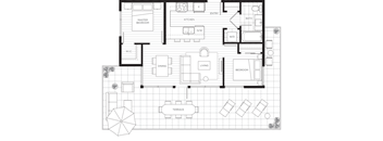 a floor plan of a house with many windows and a patio