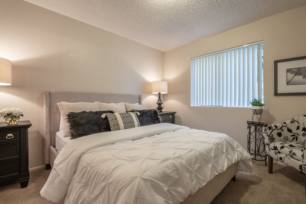 a bedroom with a large bed and a window