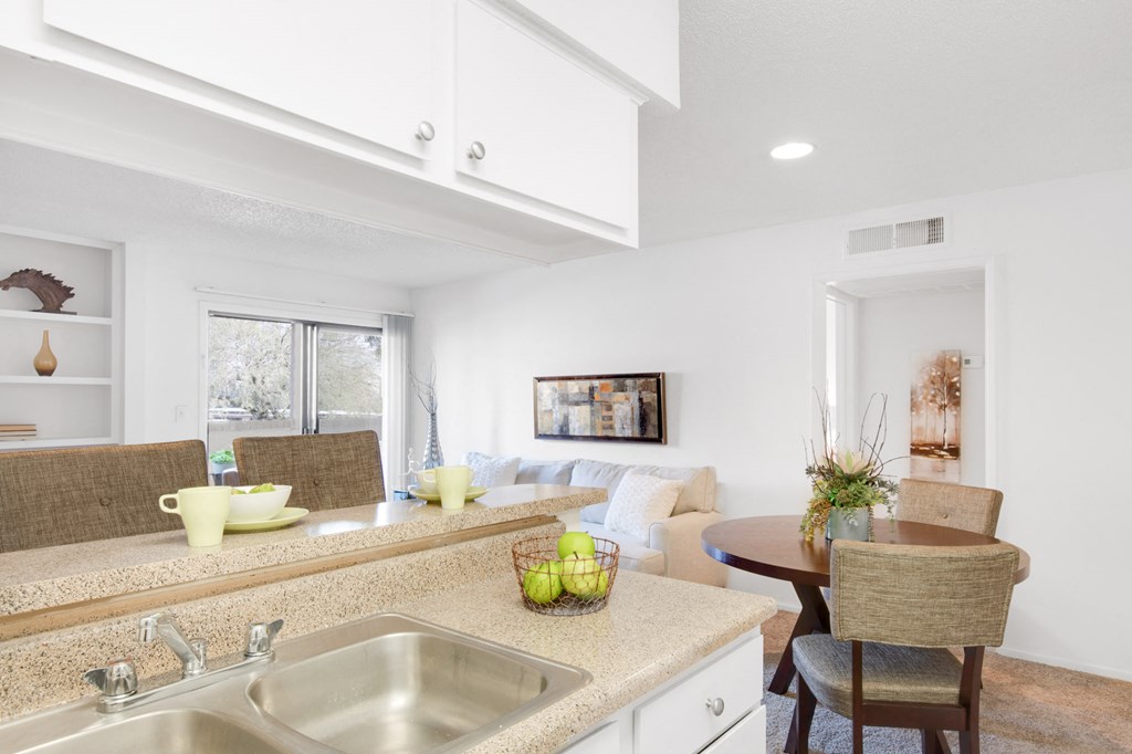 a kitchen and living room with a sink and a table