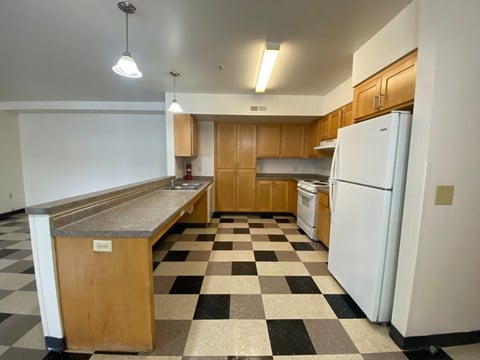 a kitchen with a checkered floor and a refrigerator