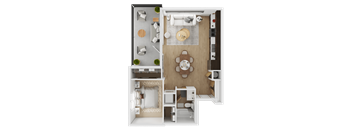 A top-down view of a small apartment with a living room, kitchen, and bedroom  at Spyglass Hill Apartments, Bremerton, 98337