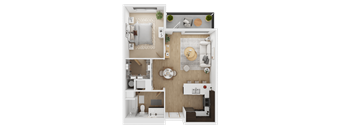 A top-down view of a small apartment layout with a kitchen, living room, and bedroom  at Spyglass Hill Apartments, Bremerton, 98337