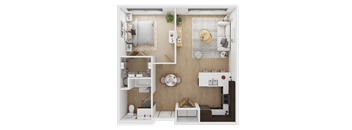 A top-down view of a small apartment with a kitchen, living room, and bathroom  at Spyglass Hill Apartments, Bremerton, 98337