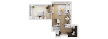 A top-down view of a small, neatly organized apartment with a bedroom, bathroom, and kitchen  at Spyglass Hill Apartments, Bremerton, 98337