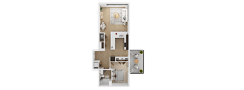 A floor plan of a house with a kitchen, living room, and two bedrooms  at Spyglass Hill Apartments, Bremerton, 98337