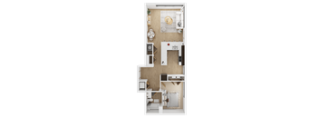 A top-down view of a small apartment with a kitchen, living room, and bedroom  at Spyglass Hill Apartments, Bremerton, 98337