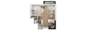 A top-down view of a small, neatly organized apartment with a kitchen, living room, and bedroom  at Spyglass Hill Apartments, Bremerton, 98337