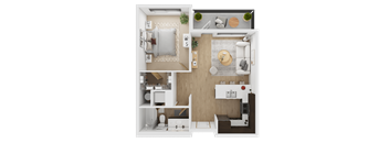 A top-down view of a small apartment with a kitchen, living room, and bedroom  at Spyglass Hill Apartments, Bremerton, 98337