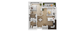 A 3D floor plan of a small apartment with a kitchen, living room, and bathroom  at Spyglass Hill Apartments, Bremerton, 98337