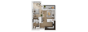 A top-down view of a small apartment layout with a kitchen, living room, and bathroom  at Spyglass Hill Apartments, Bremerton, 98337