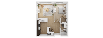 A top-down view of a small, neatly organized apartment with a kitchen, living room, and bathroom  at Spyglass Hill Apartments, Bremerton, 98337