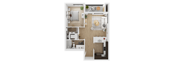 A top-down view of a small apartment with a kitchen, living room, and bathroom  at Spyglass Hill Apartments, Bremerton, 98337