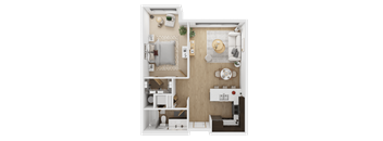 A top-down view of a small apartment with a kitchen, living room, and bedroom  at Spyglass Hill Apartments, Bremerton, 98337