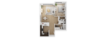 A top-down view of a small, neatly organized apartment  at Spyglass Hill Apartments, Bremerton, 98337