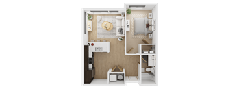 A top-down view of a small, neatly organized apartmenT  at Spyglass Hill Apartments, Bremerton, 98337