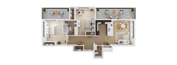 A top-down view of a modern apartment layout with a kitchen, living room, dining area, and bedrooms  at Spyglass Hill Apartments, Bremerton, 98337