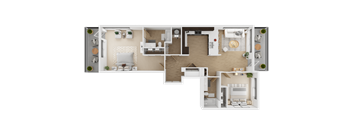 A 3D floor plan of a house with multiple rooms and furniture  at Spyglass Hill Apartments, Bremerton, 98337