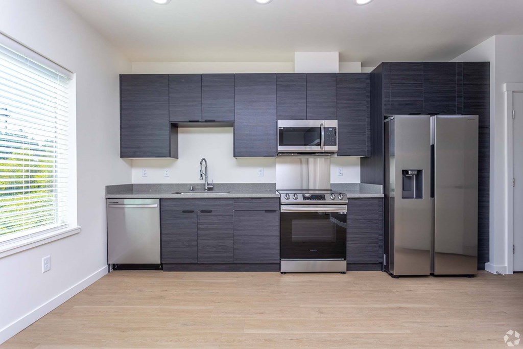A modern kitchen with stainless steel appliances and dark grey cabinets. at Plisko Place, Port Orchard