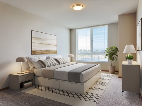 a bedroom in an apartment with a bed and a window at Spyglass Hill Apartments, Bremerton, WA 98337